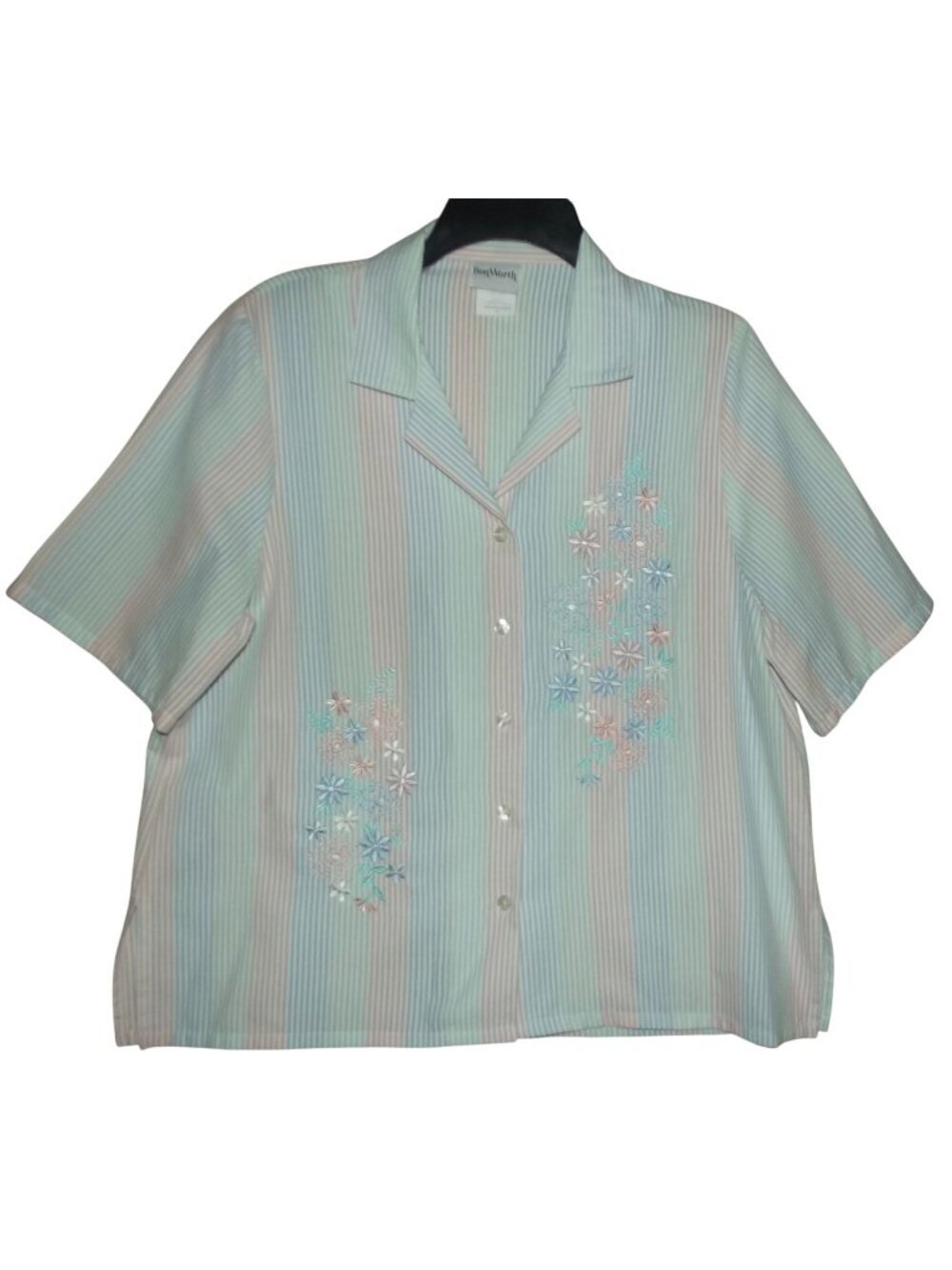 Bon Worth Shirt Womens Size Medium pink blue striped Button floral embroidery